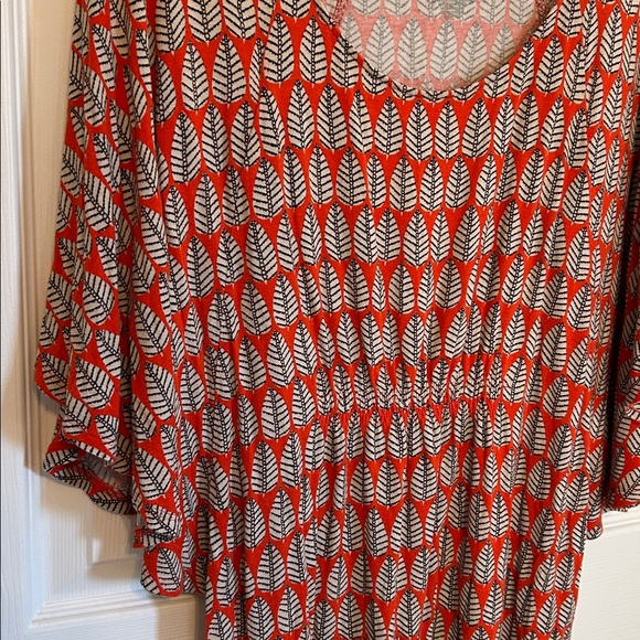 MOSSIMO Orange & Tan Feather Print Gathered Tunic Raglan Sleeves Women's Large - Picture 2 of 4